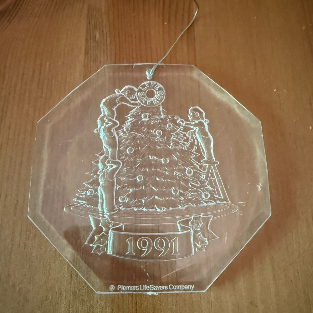 Vintage 1991 Lifesavers Clear Acrylic Christmas Tree Ornament Used Holiday